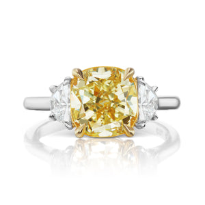 Light Yellow Diamond Ring Cushion Cut 5 Carat Three Stone Ring in Platinum and 18k White Gold Front View