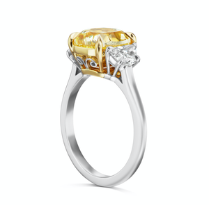 Light Yellow Diamond Ring Cushion Cut 5 Carat Three Stone Ring in Platinum and 18k White Gold Side View