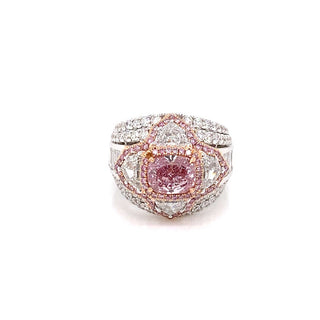 Purplish Pink Diamond Ring Cushion Cut 5 Carat Halo Ring in 18K White Gold Front View