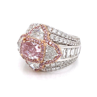 Purplish Pink Diamond Ring Cushion Cut 5 Carat Halo Ring in 18K White Gold Side View