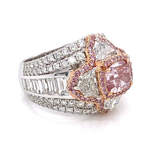 Purplish Pink Diamond Ring Cushion Cut 5 Carat Halo Ring in 18K White Gold Side View
