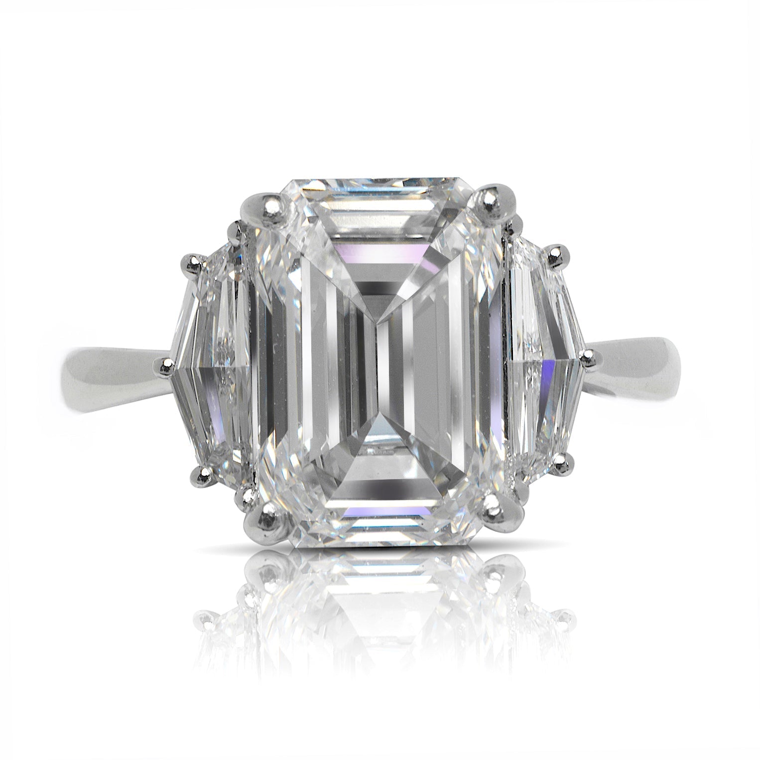 Diamond Ring Emerald Cut 5 Carat Three Stone Ring in Platinum Front View