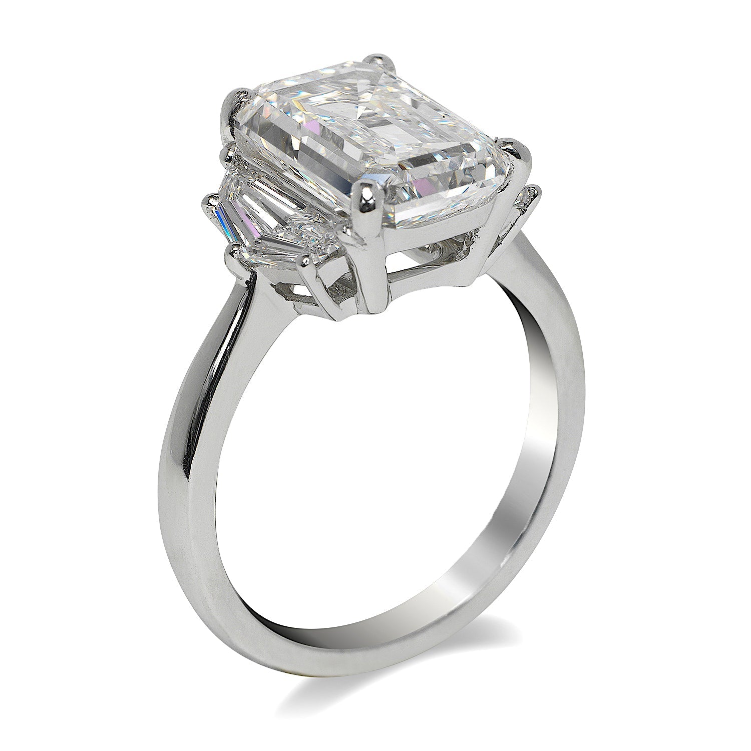 Diamond Ring Emerald Cut 5 Carat Three Stone Ring in Platinum Side View