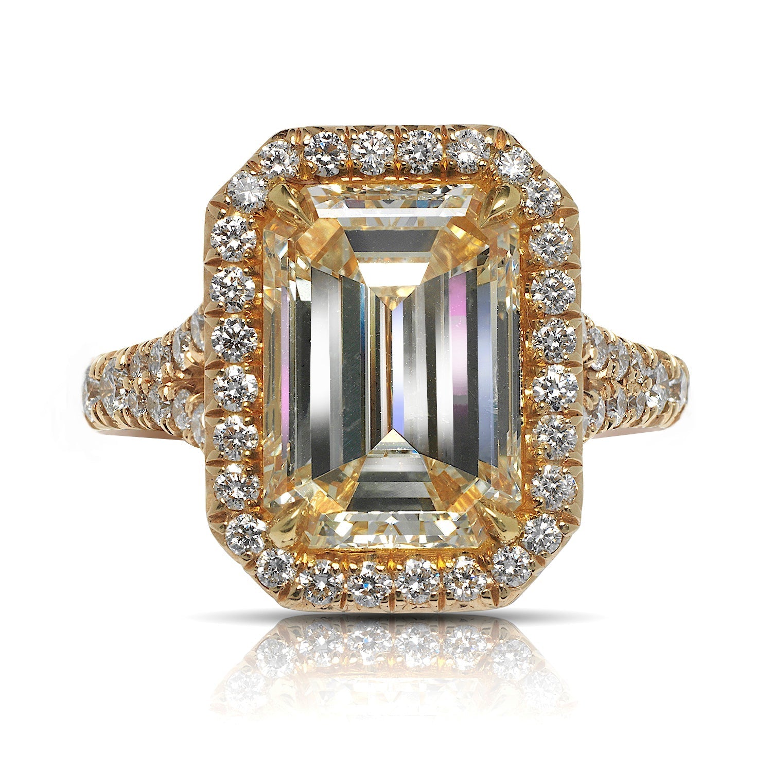 Yellow Diamond Ring Cushion Cut 5 Carat Halo Ring in 18K Yellow Gold Front View