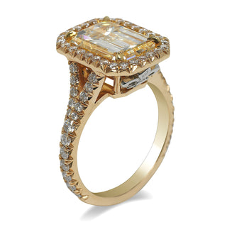 Yellow Diamond Ring Cushion Cut 5 Carat Halo Ring in 18K Yellow Gold SideView