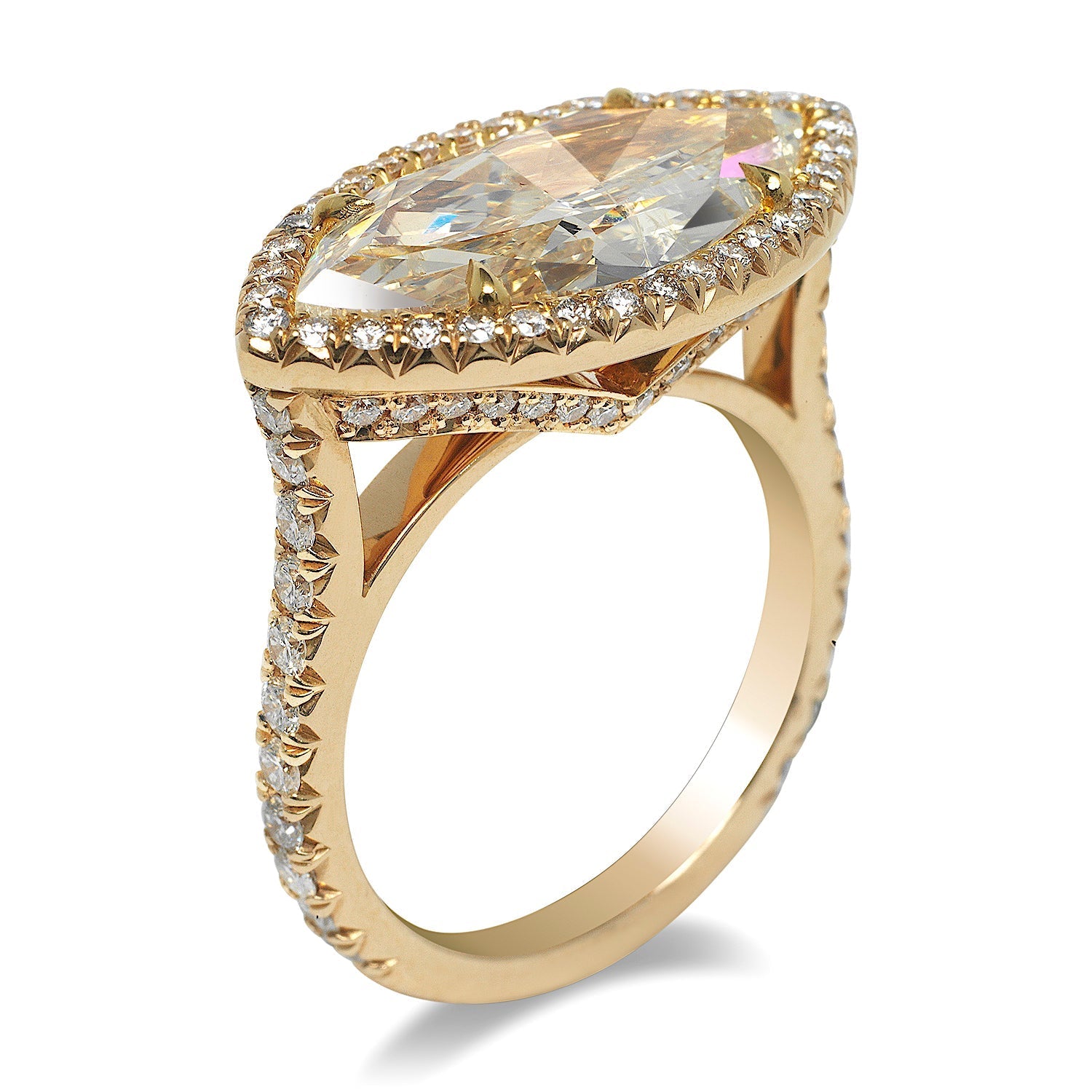 Yellow Diamond Ring Marquise Cut 5 Carat Horizontal Halo Ring in 18k Gold Side View