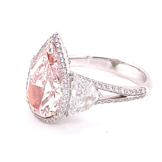 Light Pink Diamond Ring Pear Shape Cut 5 Carat Halo Ring in 18K White Gold & Rose Gold Side View