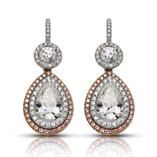 Pink Diamond Earrings Pear Shape Cut 5 Carat Halo Earrings in Platinum & 18K White Gold Front View