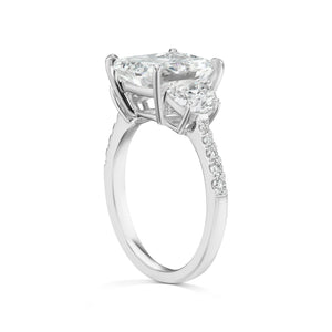 Diamond Ring Radiant Cut 5 Carat Three Stone Ring in 18K White Gold Side View