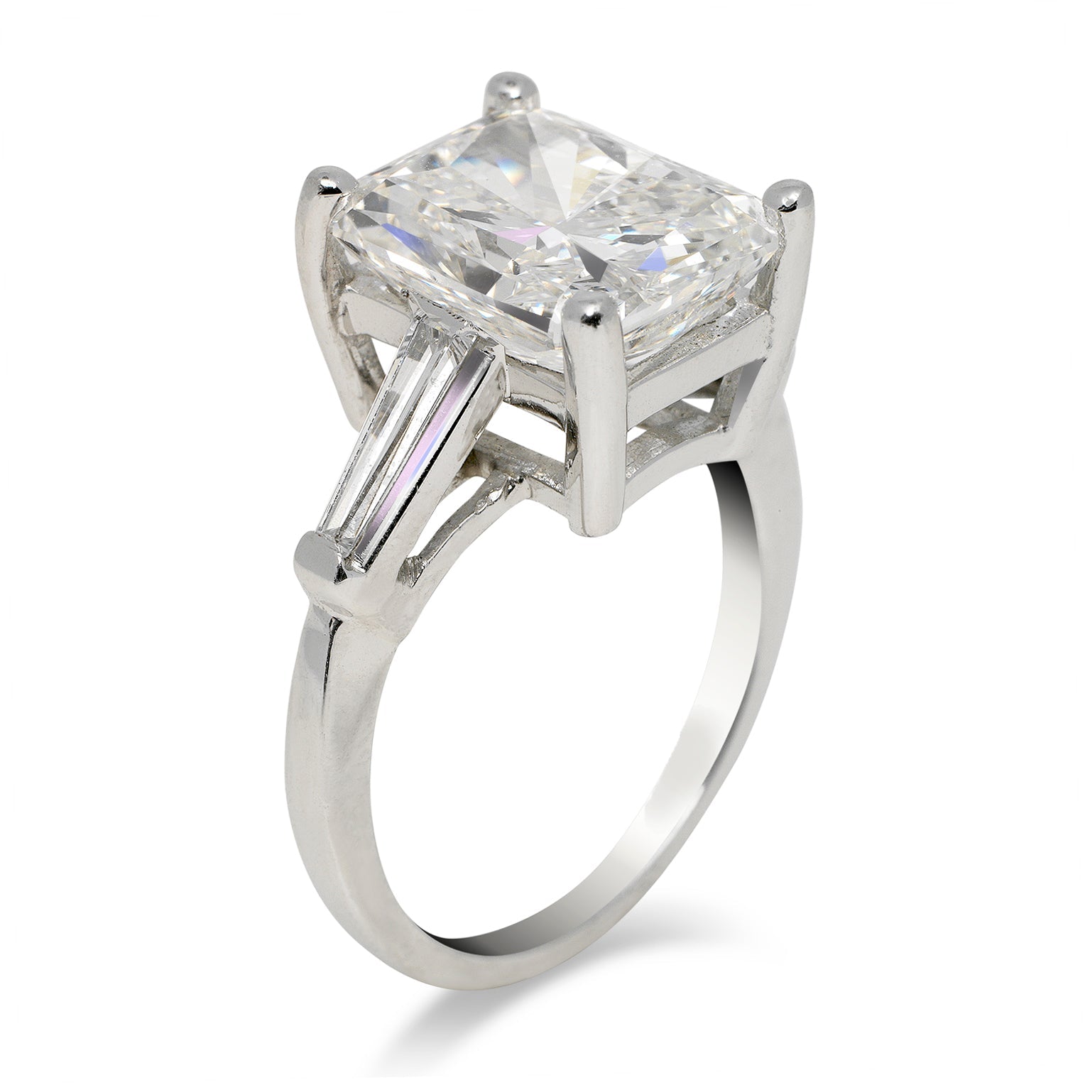 Diamond Ring Radiant Cut 5 Carat Three Stone Ring In Platinum Side View