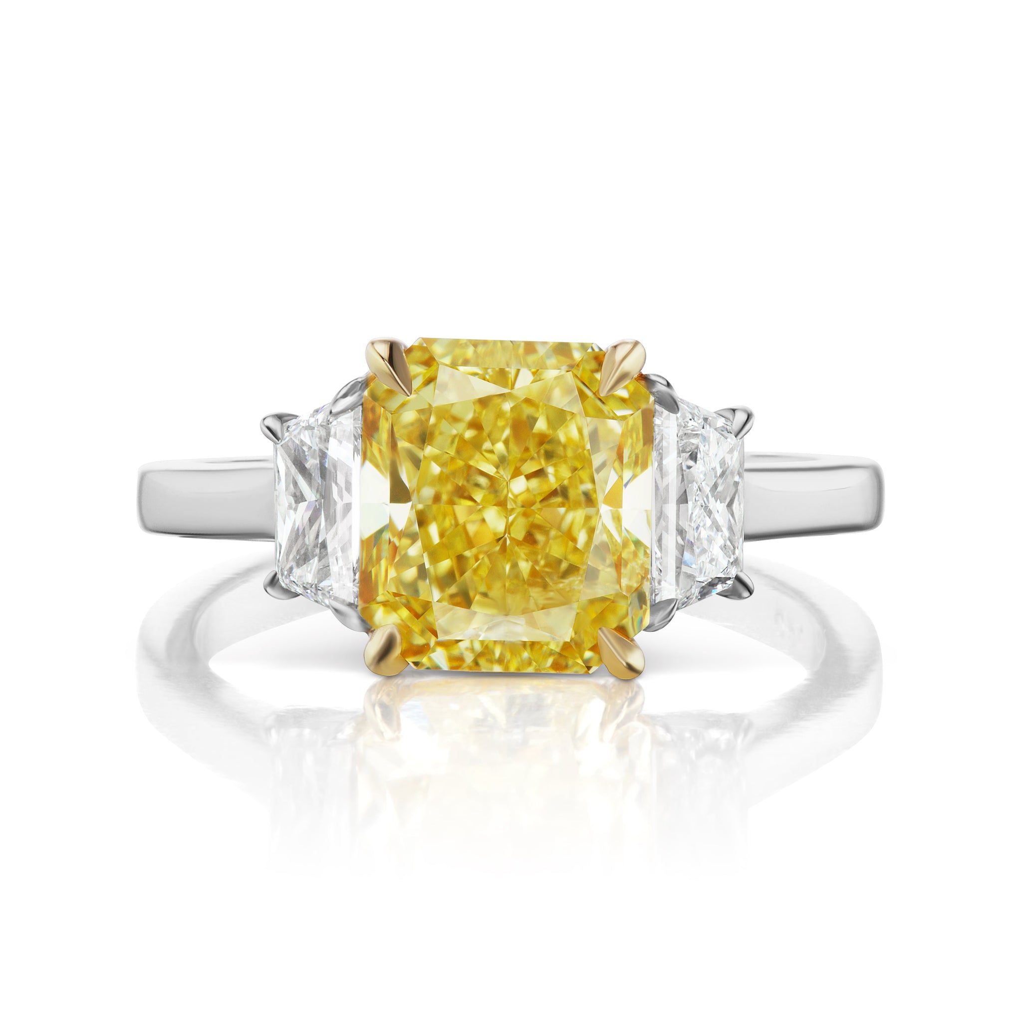 Fancy Intense Yellow Diamond Ring Radiant Cut 5 Carat Three Stone Ring in Platinum & 18K Gold Front View