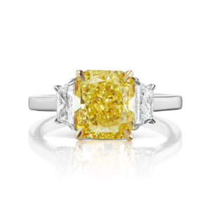 Fancy Intense Yellow Diamond Ring Radiant Cut 5 Carat Three Stone Ring in Platinum & 18K Gold Front View