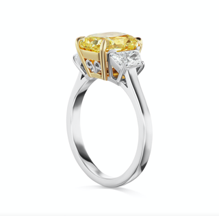 Fancy Intense Yellow Diamond Ring Radiant Cut 5 Carat Three Stone Ring in Platinum & 18K Gold Side View