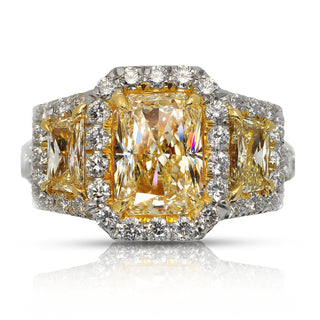 Yellow Diamond Ring Radiant Cut 5 Carat Three Stone Ring in Platinum & 18K Gold Front View