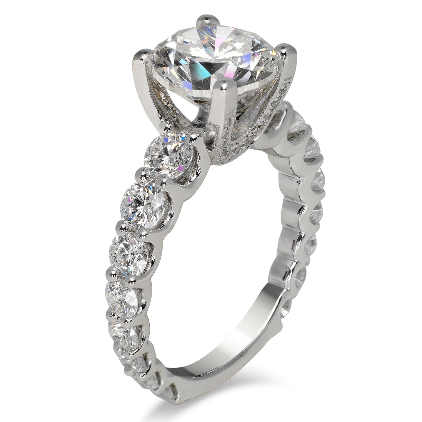 Diamond Ring Round Cut 5 Carat Sidestone Ring in 18K White Gold Side View