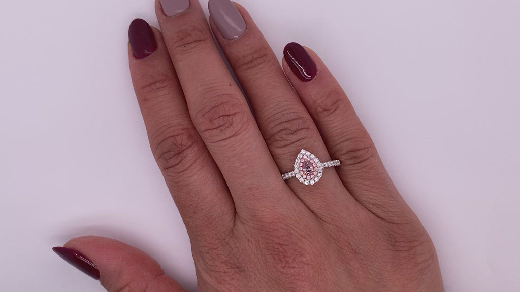 Pink Diamond Ring Pear Shape Cut  Double Halo in 18k Rose & White Gold Video on Hand