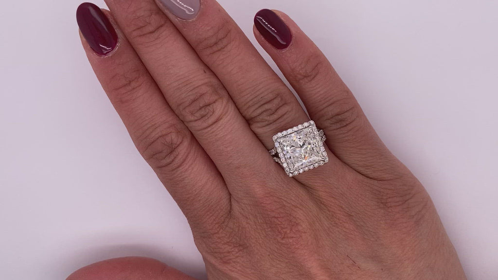 Diamond Ring Princess Cut 6 Carat Halo Ring  in 18K White Gold Video on Hand