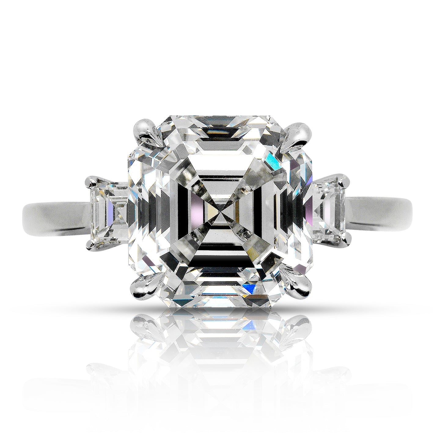 Diamond Ring Asscher Cut 5 Carat three stone ring in 18k White Gold Front View