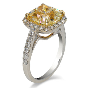 Yellow Diamond Ring Cushion Cut 6 Carat Halo Ring in 18k White Gold Side View