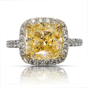 Yellow Diamond Ring Cushion Cut 6 Carat Halo Ring in 18k White Gold Front View