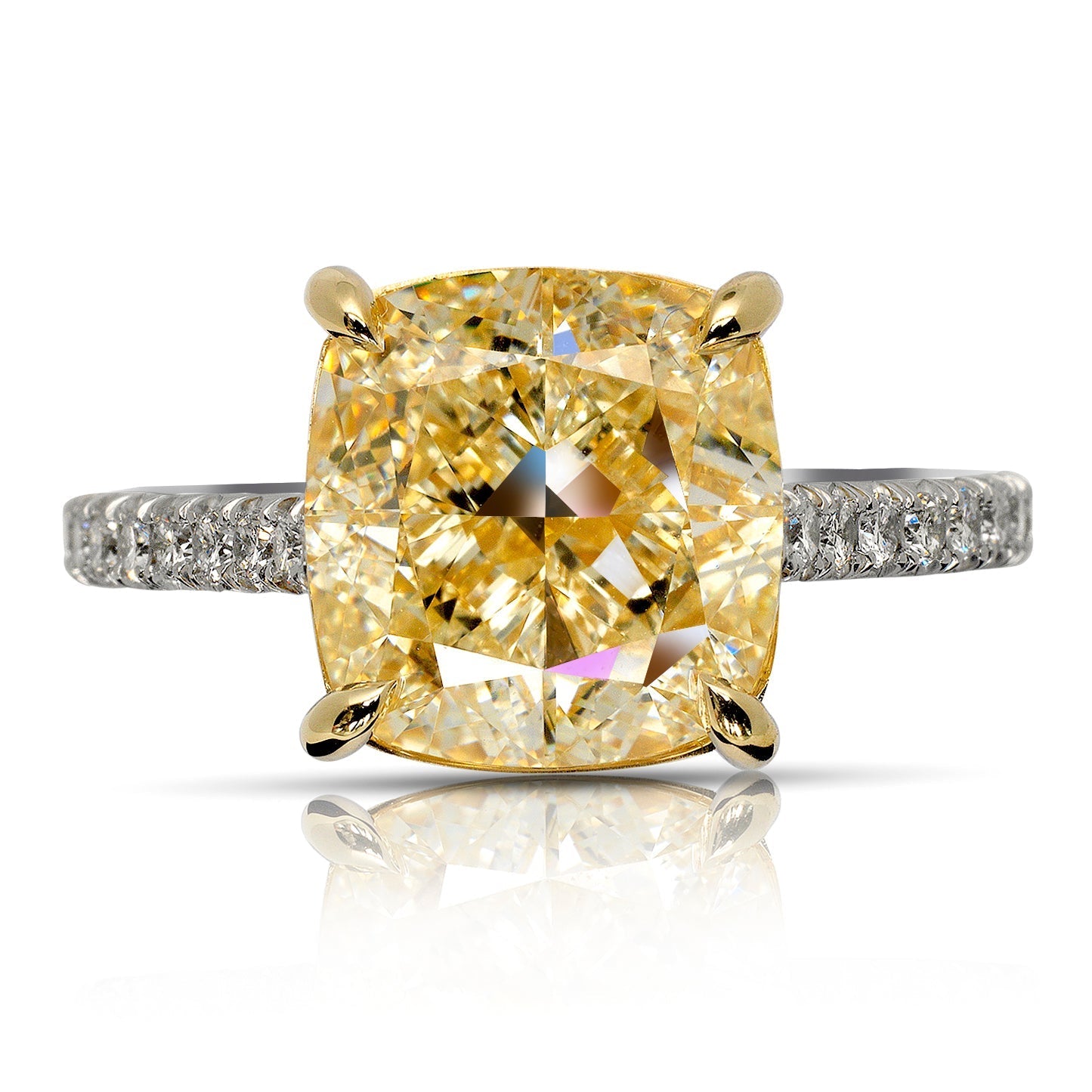 Yellow Diamond Ring Cushion Ring 6 Carat Solitaire Ring in 18k Gold Front View