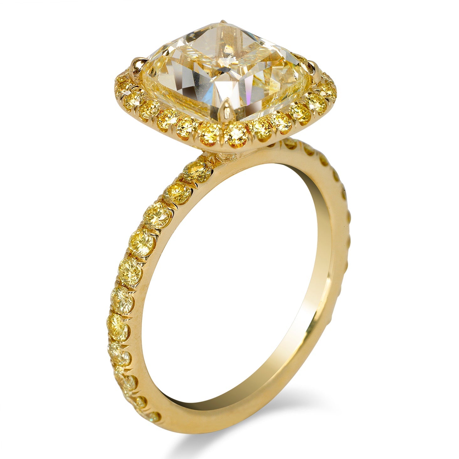 Yellow Diamond Ring Cushion Cut 6 Carat Sidestone Ring in 18K Yellow Gold  Side  View