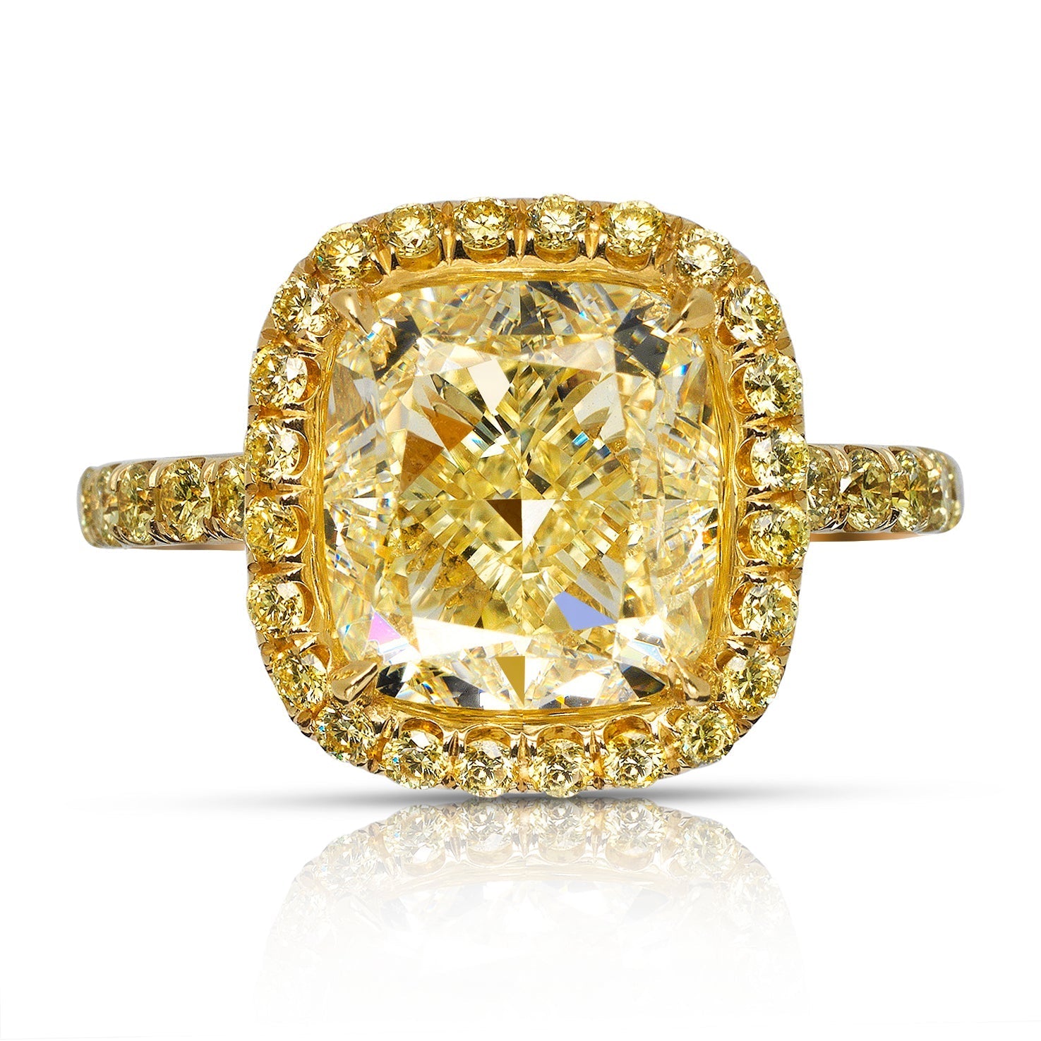 Yellow Diamond Ring Cushion Cut 6 Carat Sidestone Ring in 18K Yellow Gold  Front View