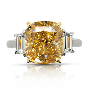 Brownish Green Diamond Ring Cushion Cut 6 Carat Three Stone Ring in 18k Gold Front View