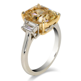 Brownish Green Diamond Ring Cushion Cut 6 Carat Three Stone Ring in 18k Gold Side View