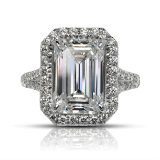 Diamond Ring Emerald Cut 6 Carat Halo Ring in Platinum Front View