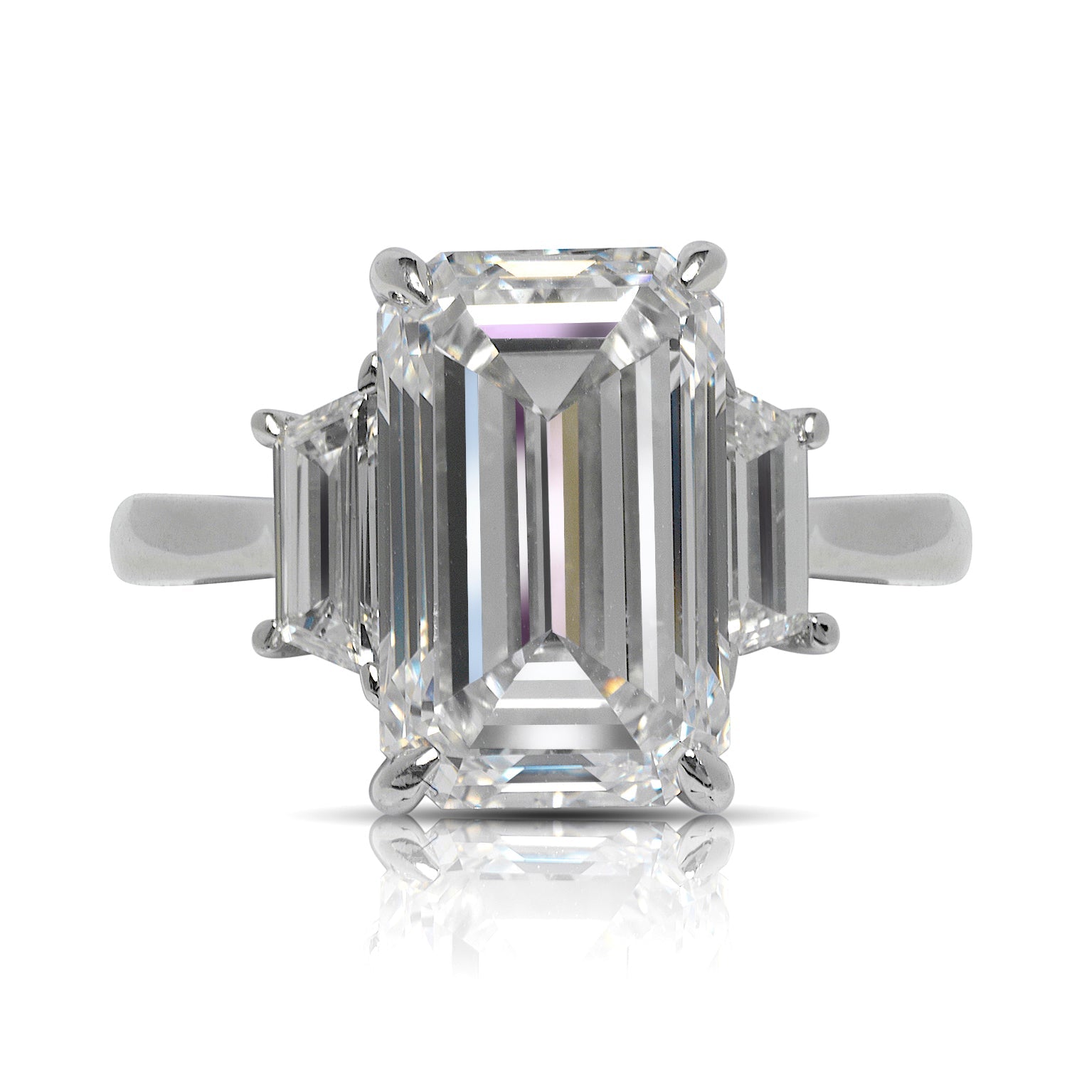 Diamond Ring Emerald Cut 6 Carat Three Stone Ring in Platinum Front View