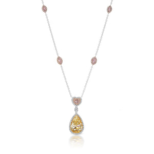 Yellow Diamond Necklace Pear Shape & Heart Cut 6 Carat Three Stone Pendant in Platinum & 18K Gold Front View