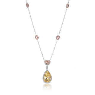 Yellow Diamond Necklace Pear Shape & Heart Cut 6 Carat Three Stone Pendant in Platinum & 18K Gold Front View