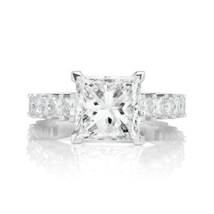Diamond Ring Princess Cut 6 Carat Sidestone Ring in 18K White Gold Front View