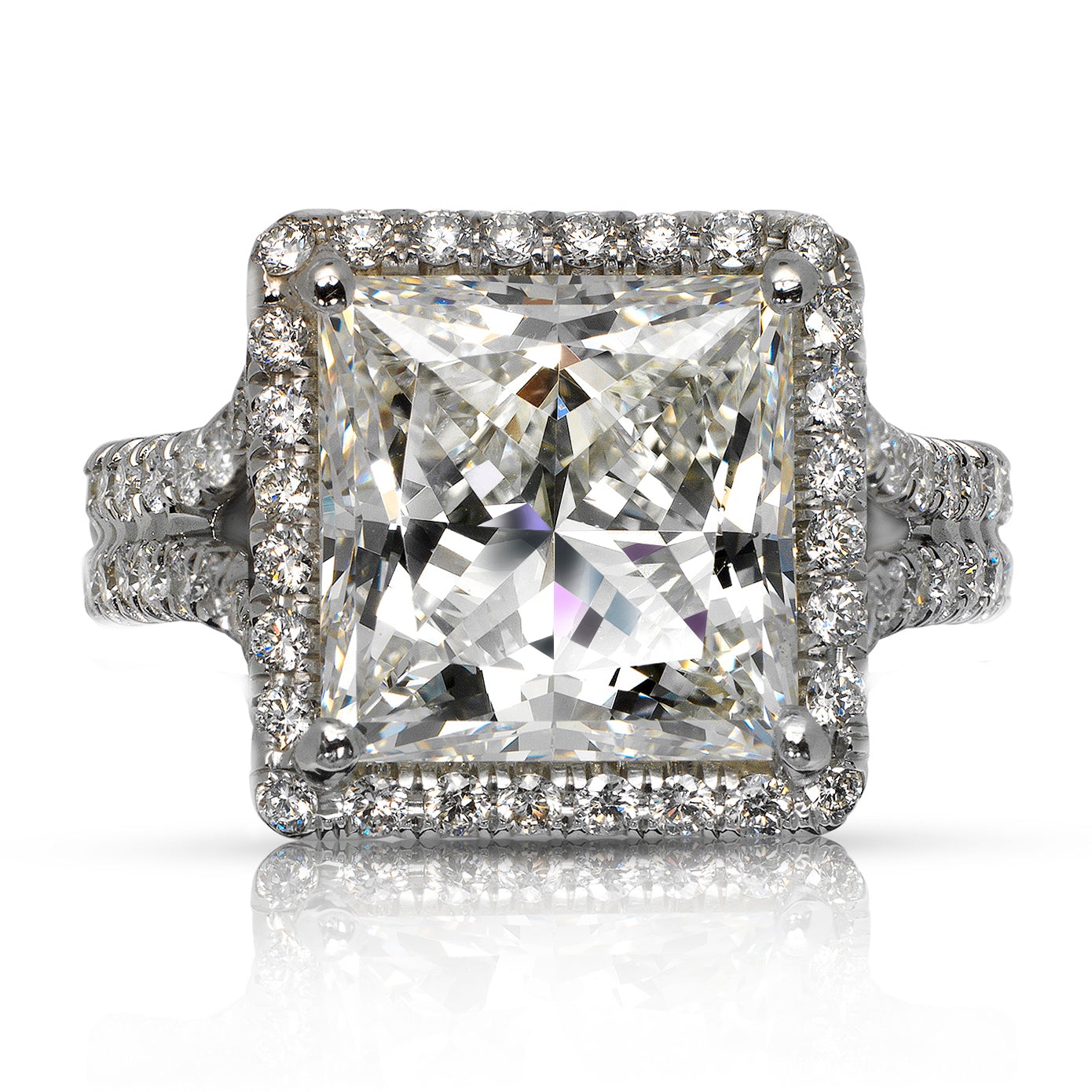 Diamond Ring Princess Cut 6 Carat Halo Ring  in 18K White Gold Front View