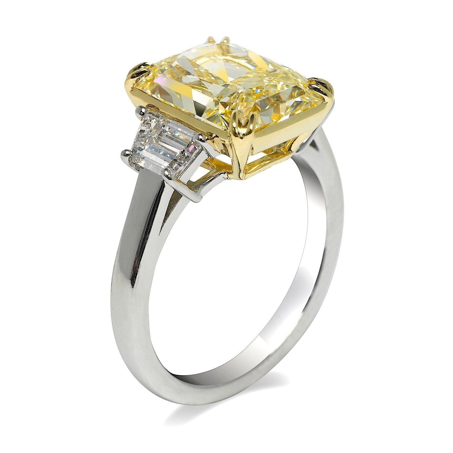 Light Yellow Diamond Ring Radiant Cut 6 Carat Three Stone Ring in Platinum Side View