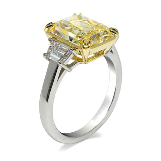 Light Yellow Diamond Ring Radiant Cut 6 Carat Three Stone Ring in Platinum Side View