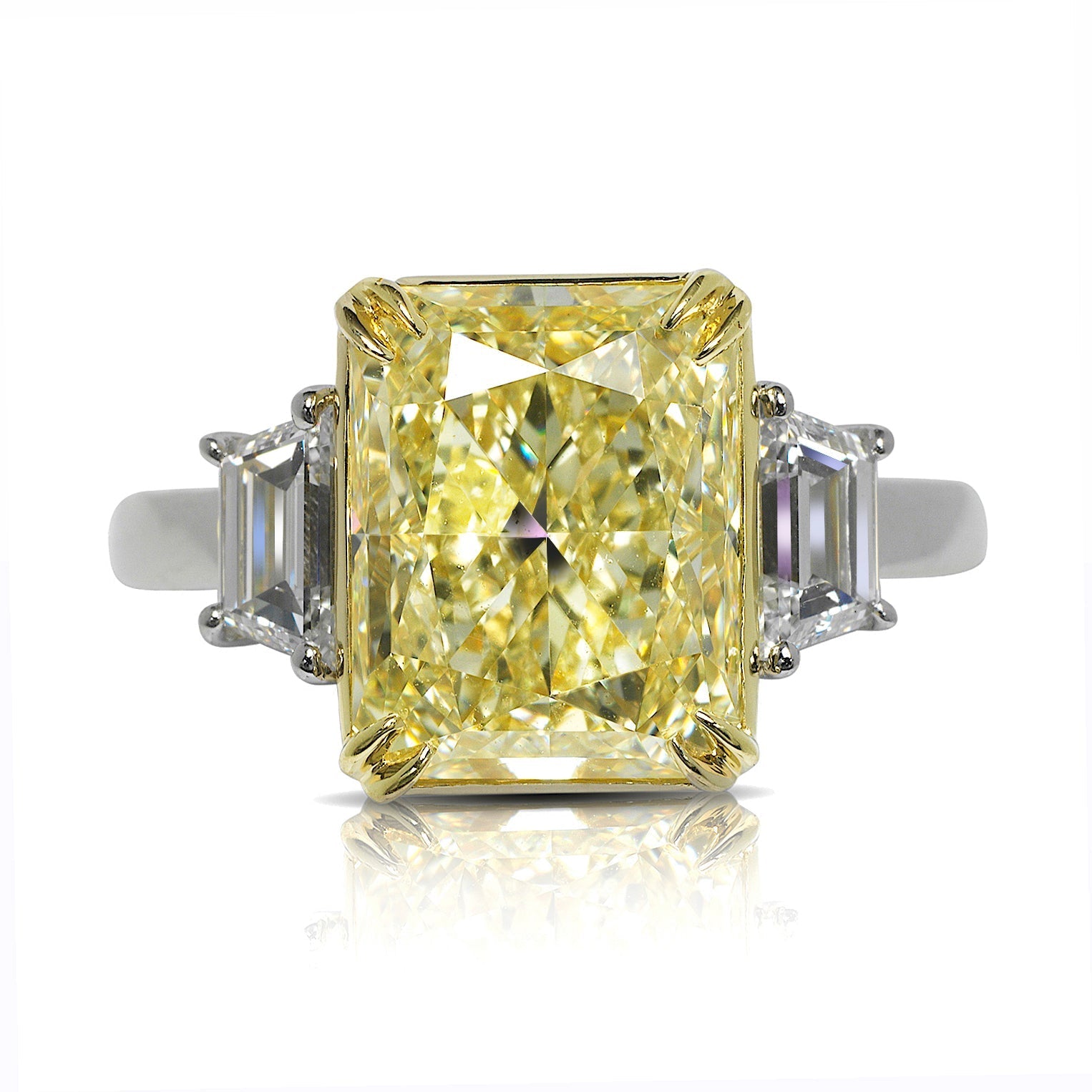 Light Yellow Diamond Ring Radiant Cut 6 Carat Three Stone Ring in Platinum Front View
