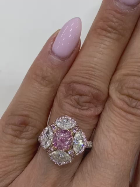 Virginia 3 Carat Very Light Pink Cushion Cut Diamond Engagement Ring in White Gold & Rose Gold Video