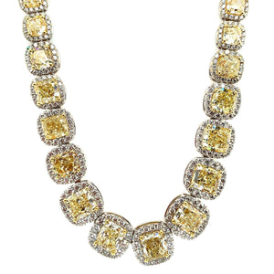 Yellow Diamond Necklace Cushion Cut 67 Carat  Halo Necklace in 18K White Gold Front View
