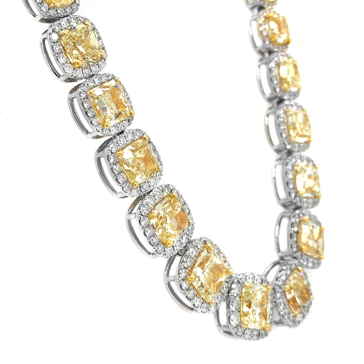 Yellow Diamond Necklace Cushion Cut 67 Carat  Halo Necklace in 18K White Gold Side View