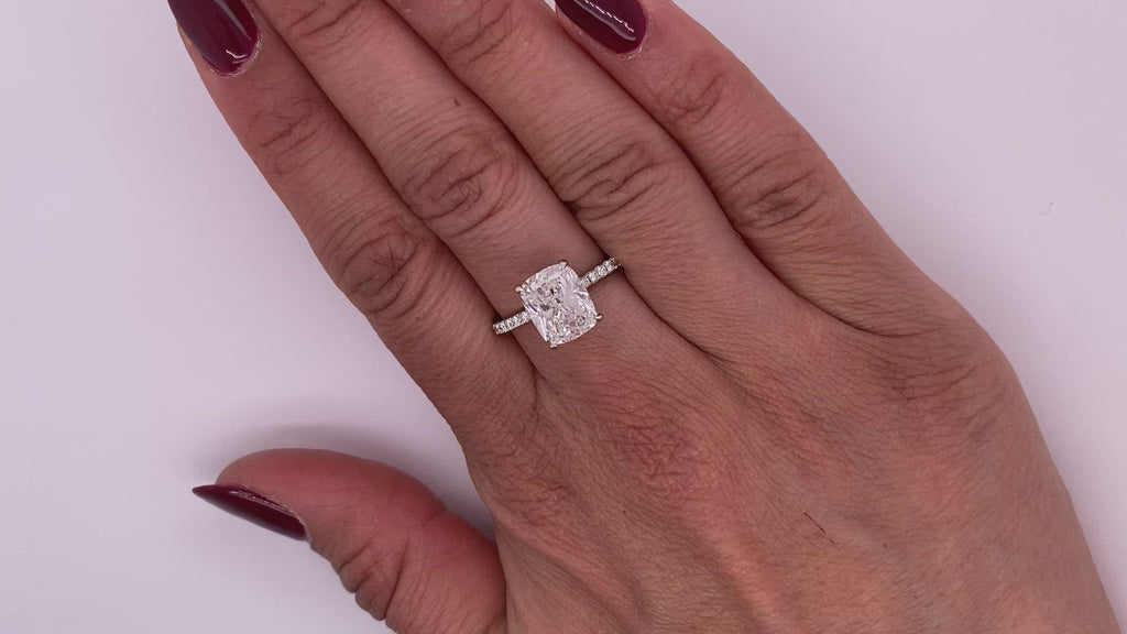 Diamond Ring Cushion Cut 4 Carat Solitaire Ring in 18K White Gold Video on Hand