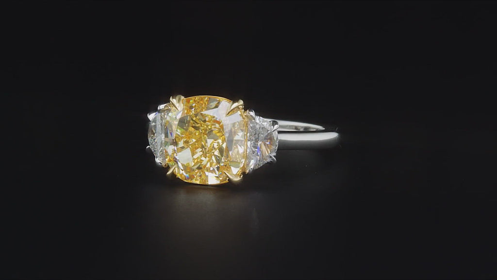 Light Yellow Diamond Ring Cushion Cut 5 Carat Three Stone Ring in Platinum and 18k White Gold 360 View