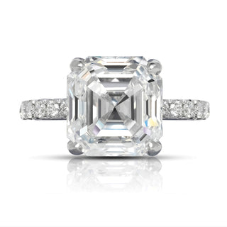 Diamond Ring Asscher Cut 7 Carat with Sidestone 4 prong set  in Platinum Front View