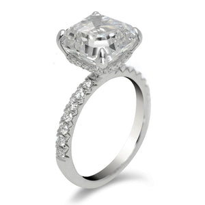 Diamond Ring Asscher Cut 7 Carat with Sidestone 4 prong set  in Platinum Side View