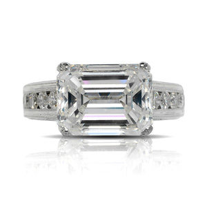 Diamond Ring Emerald Cut 7 Carat Sidestone Ring in 18k White Gold Front View