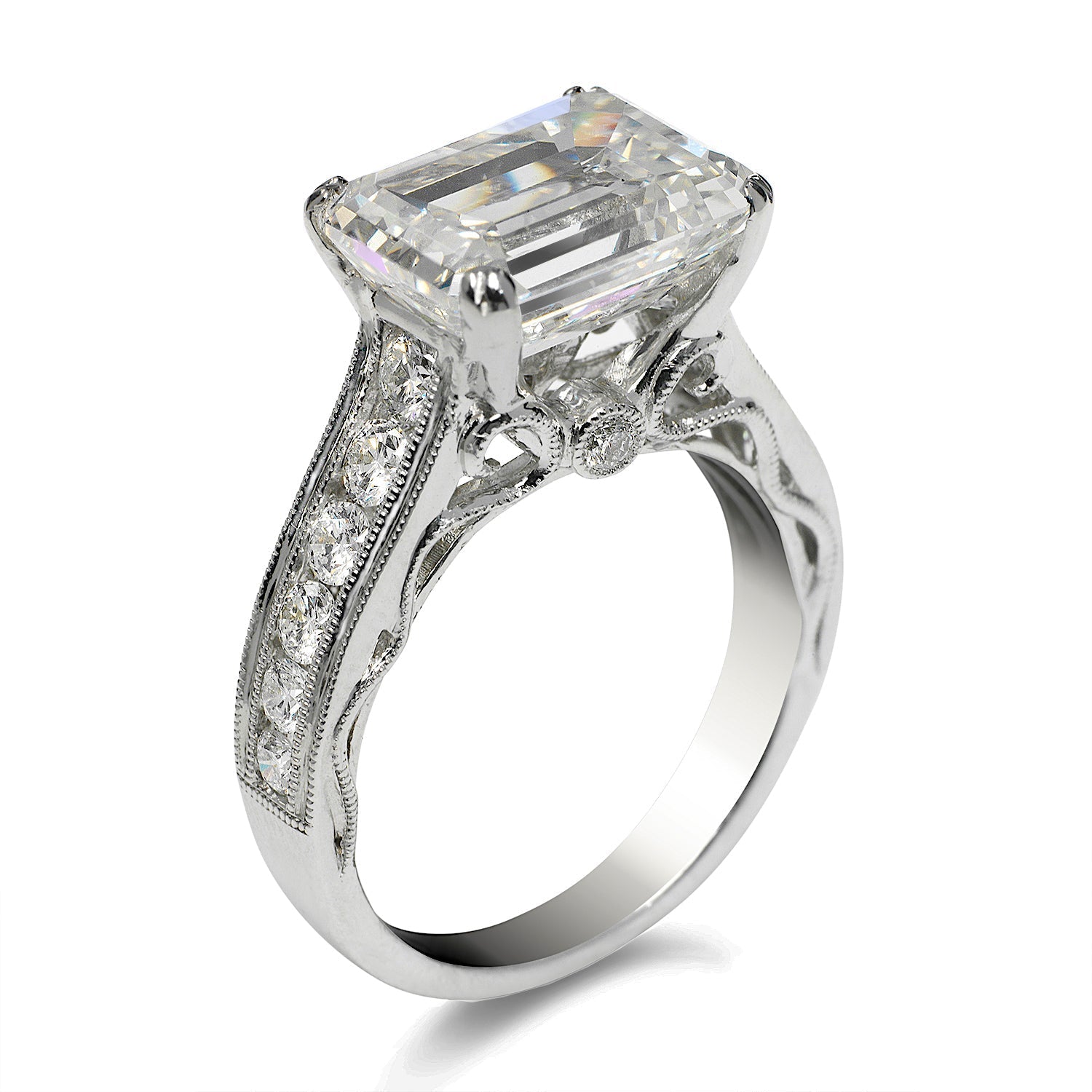Diamond Ring Emerald Cut 7 Carat Sidestone Ring in 18k White Gold Side View