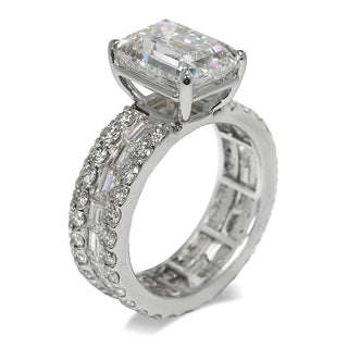 Diamond Ring Emerald Cut 7 Carat Sidestone Ring in 14K White Gold  Side View