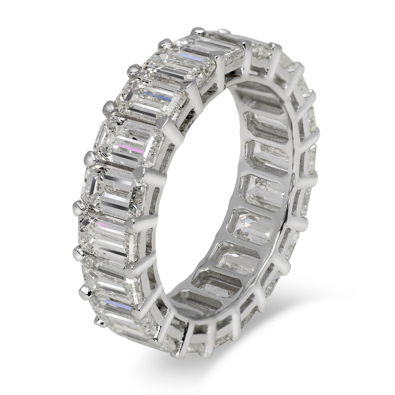 7 Carat Emerald Cut Diamond Eternity Band  in 14K Gold 40 pointer Shared Prong Side View 