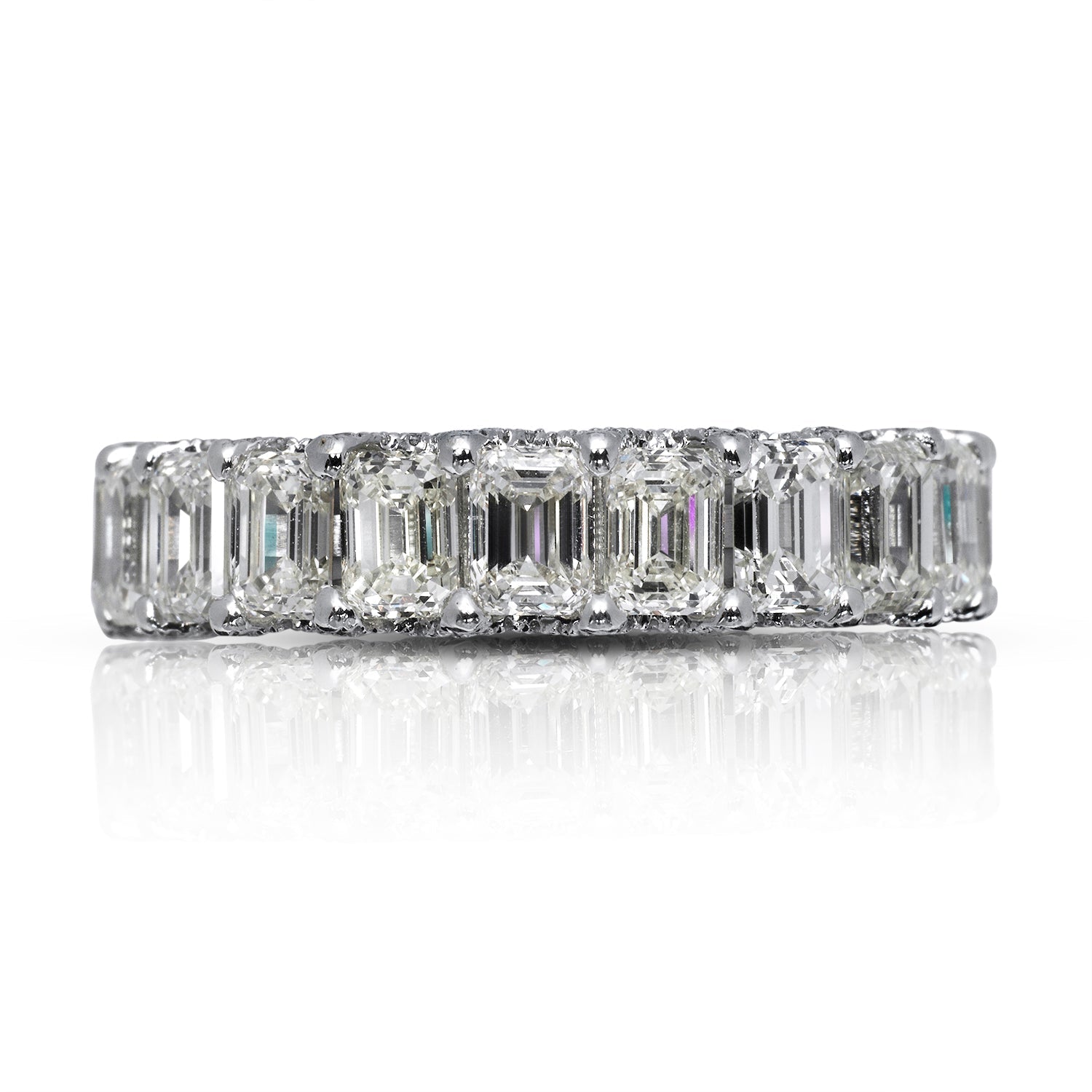 Emerald Cut Diamond Eternity Band in White Gold MicroPave Shared prongs Front View